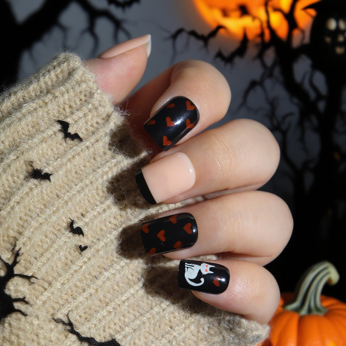 Short Square Nails: New Halloween Nail Art with Hearts, Spiderwebs, and Adorable Kittens
