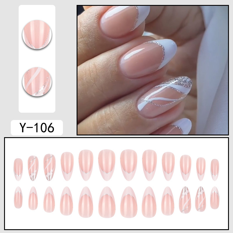 Skin-tone striped contrasting glitter nail art sheets Almond teardrop-shaped press-on nail stickers