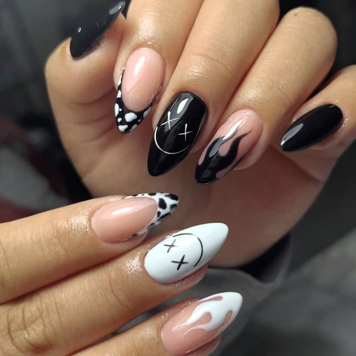 Halloween Almond-Shaped Nail Art with Smiley Face and Black Flame Designs - Cute Style with Removable Wearable armor nail