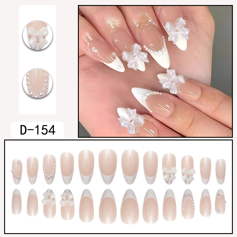 White French pearl white bow false nails Nude-colored pointed nails Nude teardrop-shaped press-on nails