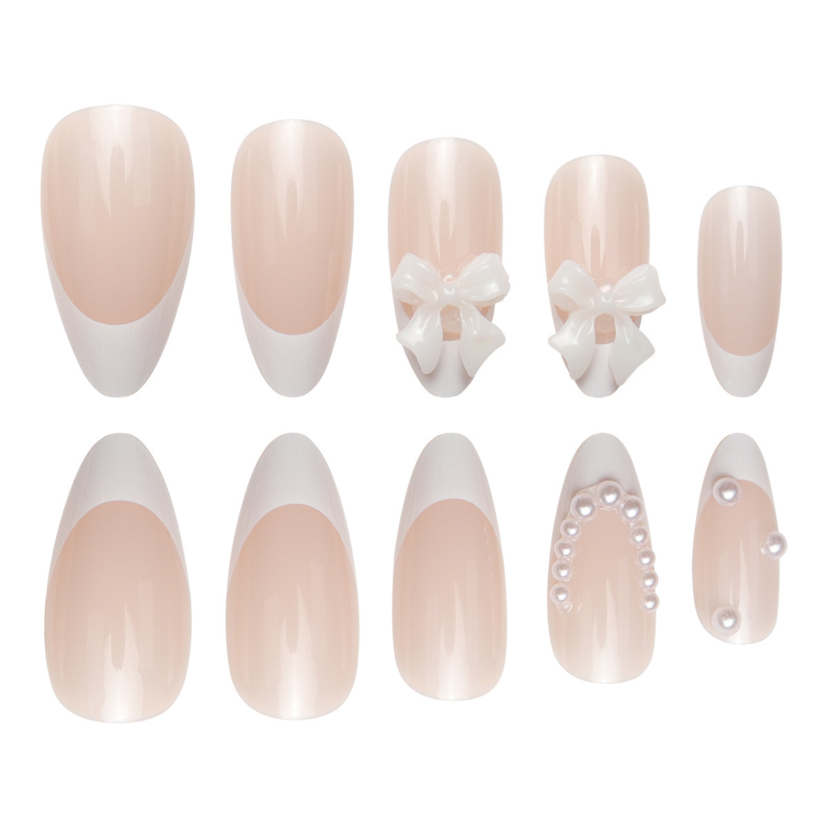 White French pearl white bow false nails Nude-colored pointed nails Nude teardrop-shaped press-on nails