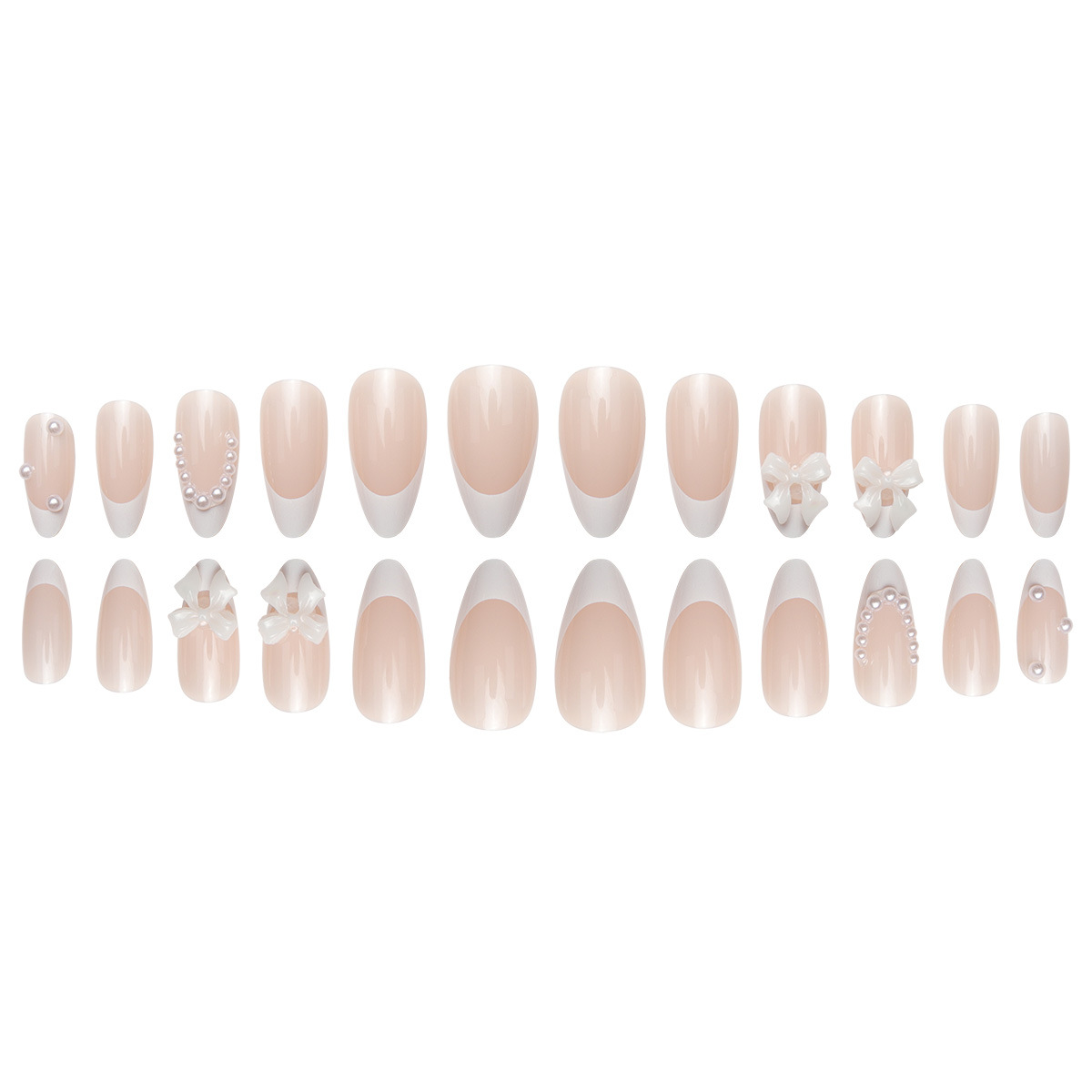 White French pearl white bow false nails Nude-colored pointed nails Nude teardrop-shaped press-on nails