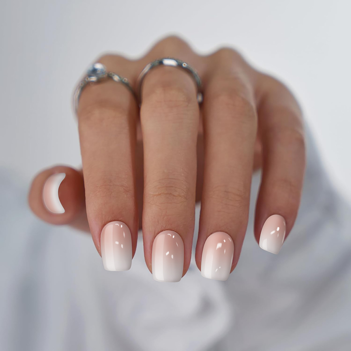 Pink-to-white gradient wearable nails Minimalist square-shaped nail tips Fierce and sassy fake nails