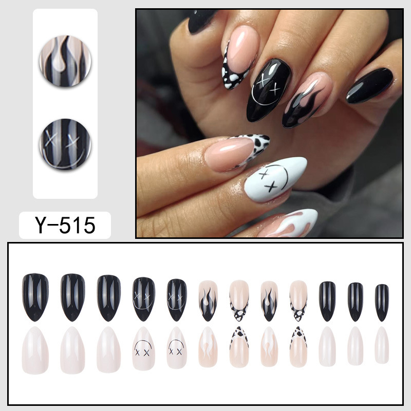 Halloween Almond-Shaped Nail Art with Smiley Face and Black Flame Designs - Cute Style with Removable Wearable armor nail