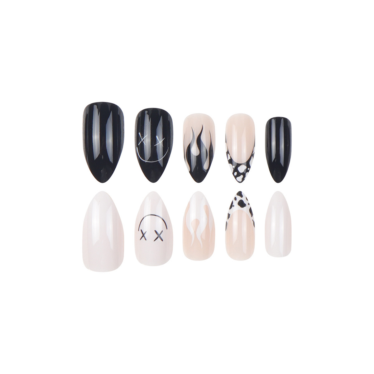 Halloween Almond-Shaped Nail Art with Smiley Face and Black Flame Designs - Cute Style with Removable Wearable armor nail